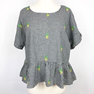 Girl Krazy Black & White Gingham Top Embroidered Pineapple Size Large